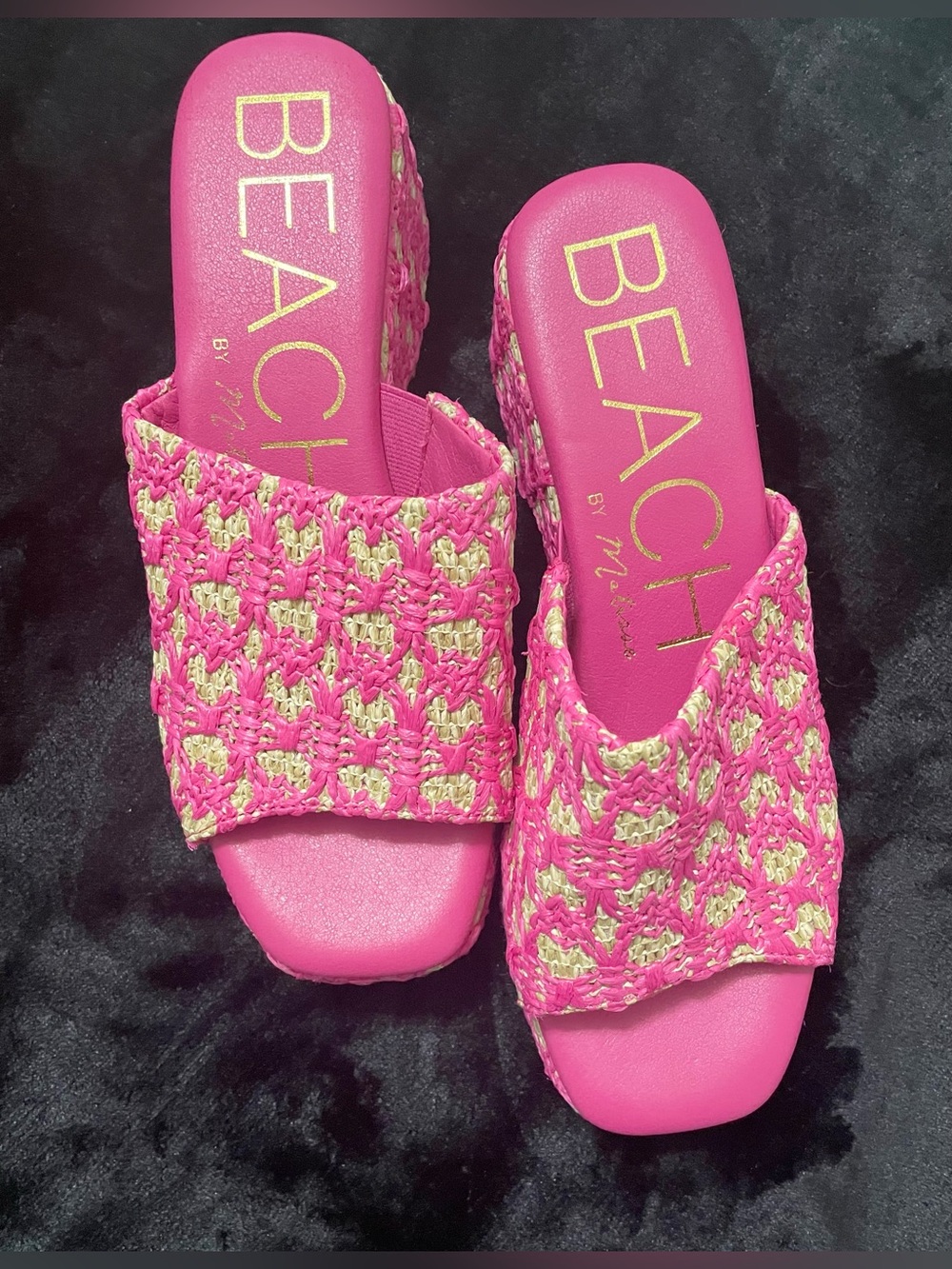 BEACH Pink Woven Slide Mules with Gold Logo
